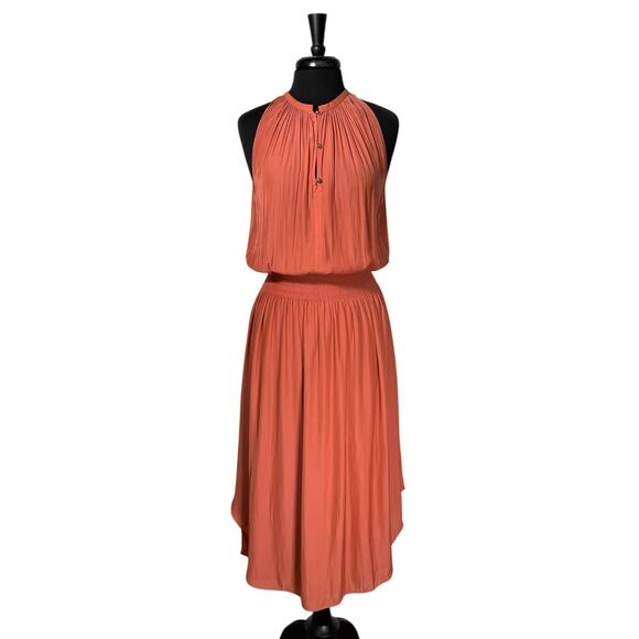 Ramy Brook Womens M Rust Crinkle Satin Smocked Waist Maxi Dress Gold New York
